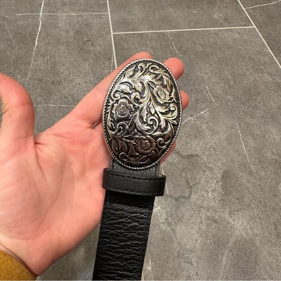 Black western belt silver tooled round oval buckle cowboy cowgirl leather elite - Picture 8 of 11